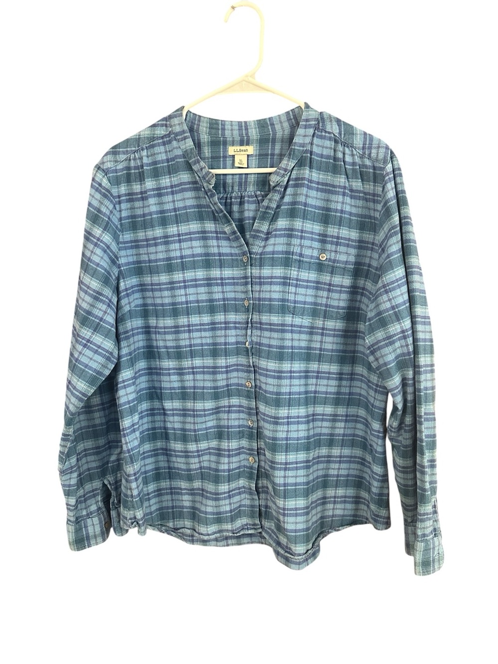 L.L. Bean XL Collarless Flannel Shirt Blue Plaid Shell Buttondown VGUC